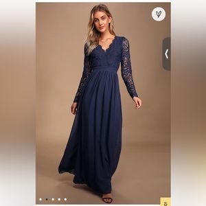 Lulu’s Awaken My Love Navy Blue Long Sleeve Lace Maxi Dress size S